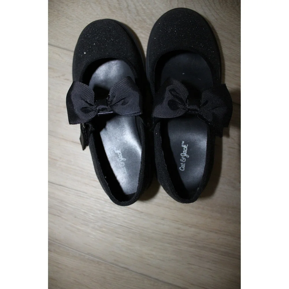 Cat & Jack Girls Black Glitter Mary Jane Bow Flats Shoes Size 10 Target Chunky